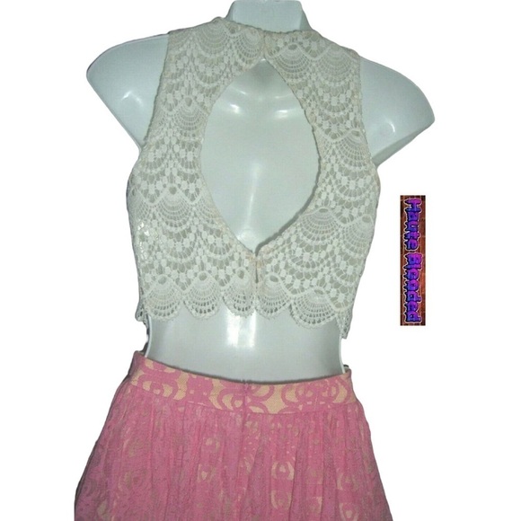 Studio 17 Dress Prom Crochet Crop Top Lace Tulle Skirt Pink Boho Carrie Bradshaw - Picture 9 of 15